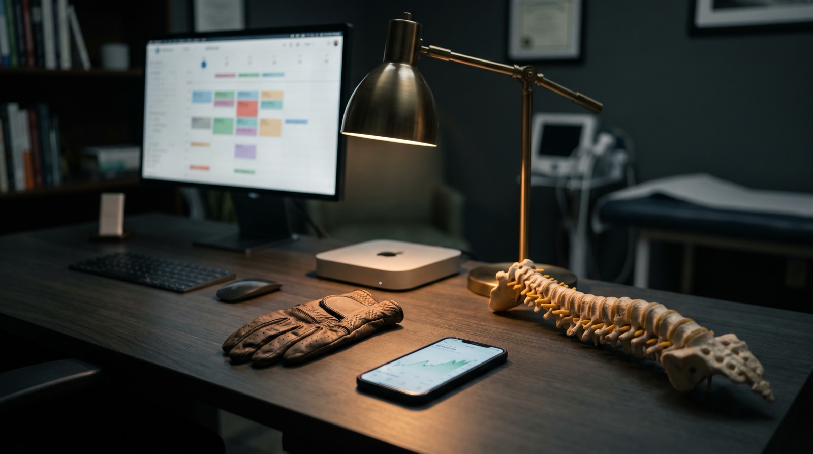 A Mac Mini glowing on a clinician's desk beside a golf glove and spine model
