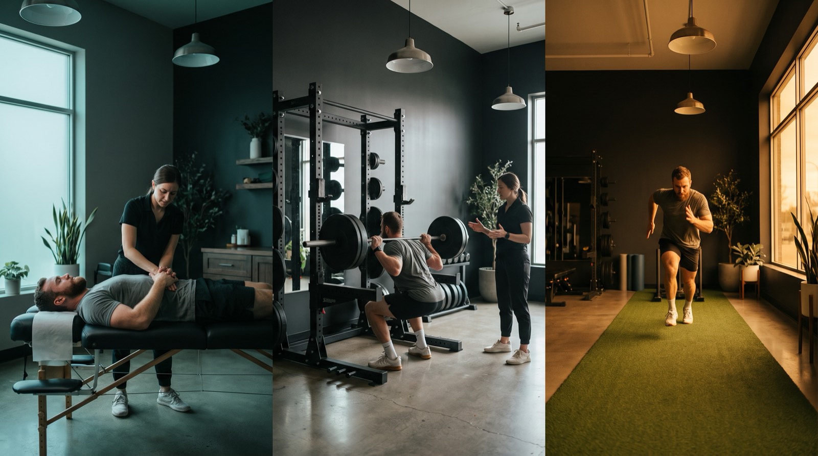 Triptych: an athlete receiving manual therapy, squatting under a coached barbell, then sprinting on turf