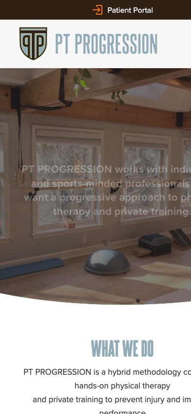 Current ptprogression.com homepage on mobile — white headline barely readable over a washed-out photo