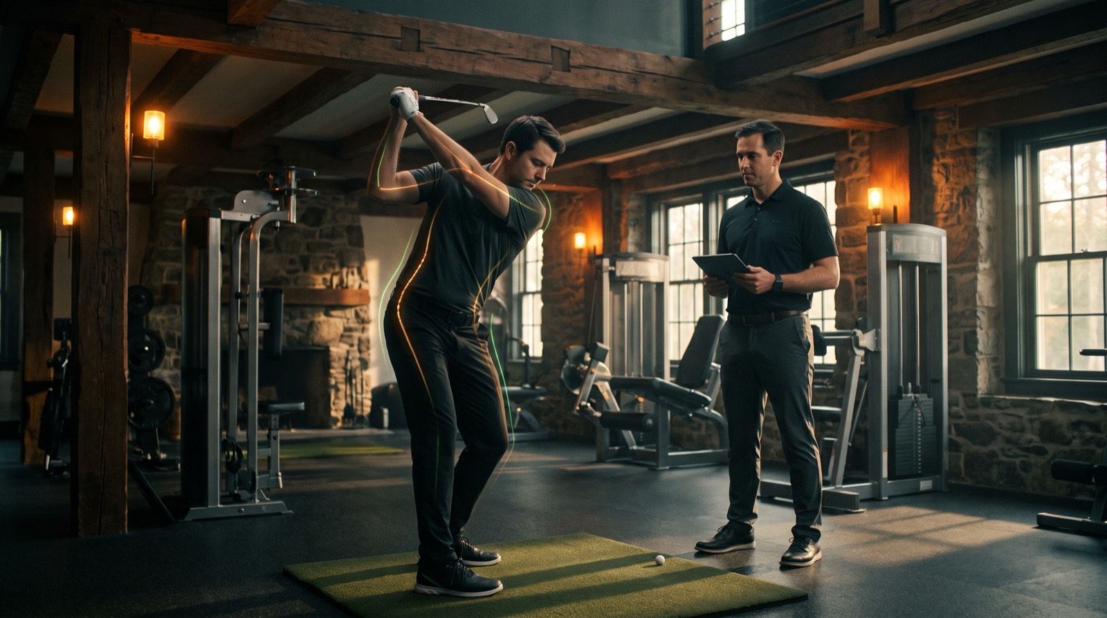 Golfer mid-swing being assessed by a physical therapist in a premium studio